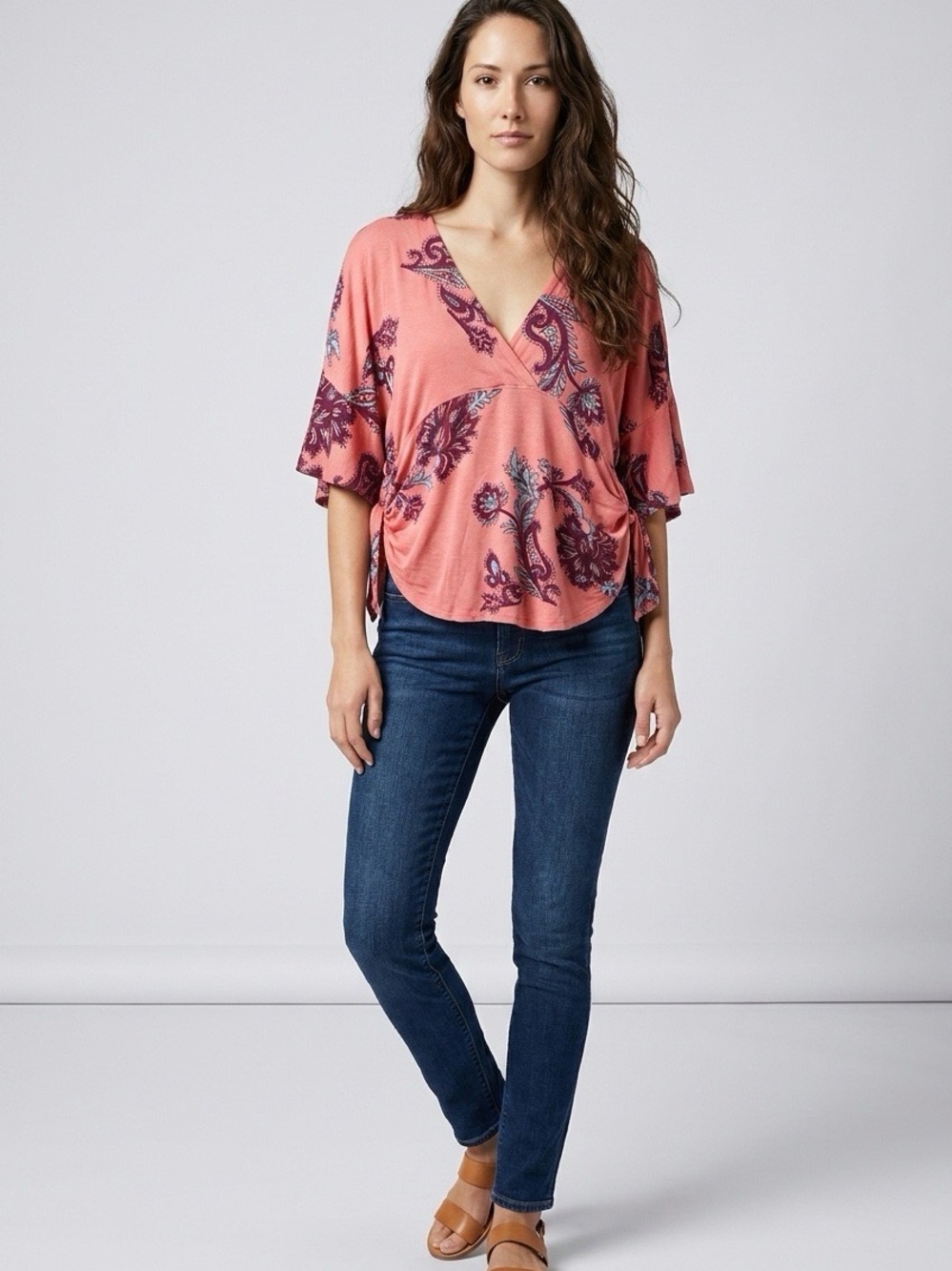 Free People Peach Wrap Blouse with Plum Paisley